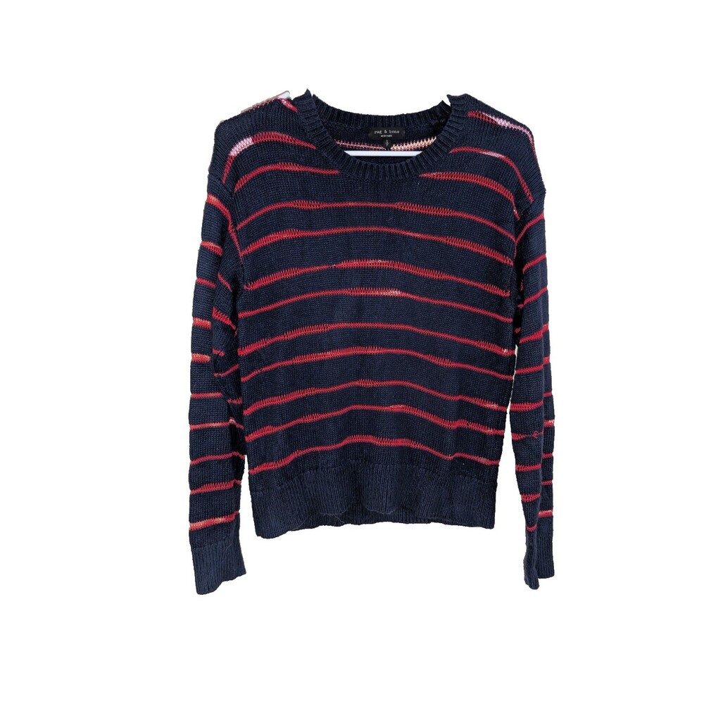 Rag & Bone NY Navy Red Stripe Open Knit Sweater Womens M Wool Blend Pullover
